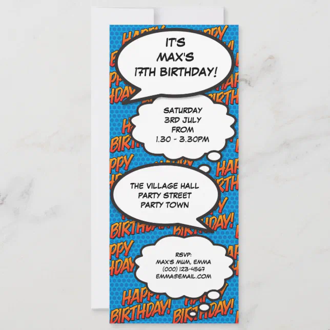 Fun Blue Invite Frame Fun Blue Modern Birthday Party Comic Book Invitation | Zazzle