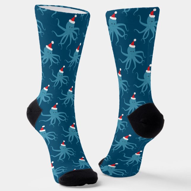 Fun Blue Octopus Santa Hat Christmas Socks (Angled)
