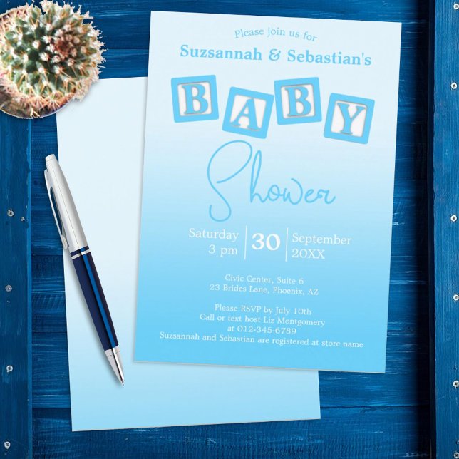 Fun Blue Ombre BABY Boy Blocks Shower Invitation (Creator Uploaded)