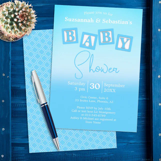 Fun Blue Invite Frame Fun Blue Ombre BABY Boy Blocks Shower Invitation | Zazzle
