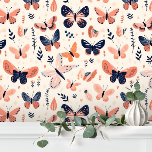 Fun Blue Orange Butterfly Floral Wallpaper