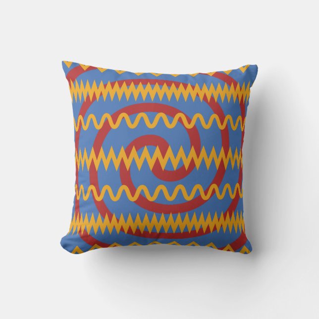 Fun Blue Orange Swirls and Chevron Zigzags Pattern Throw Pillow (Front)