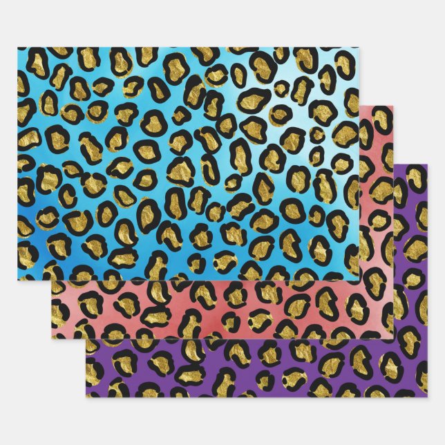 Fun Blue, Pink, Purple Leopard Animal Print Wrapping Paper Sheets (Set)