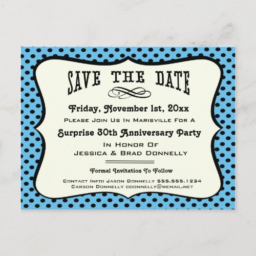 Fun Blue Polka Dot Party or Reunion Save the Date Announcement Postcard