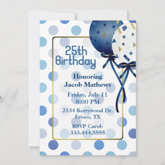 Fun Blue Polka Dots & Balloons Birthday Invitation