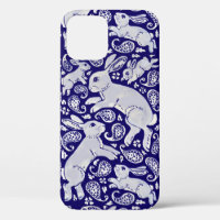 Fun Blue Rabbit Paisley Floral Delft Dedham Animal