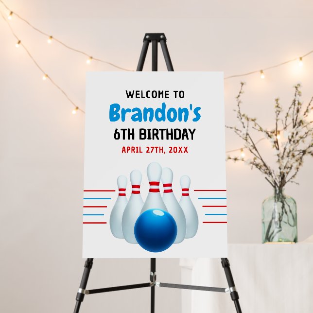 Fun Blue & Red Bowling Kids 6th Birthday Foam Board (In Situ (Stand))