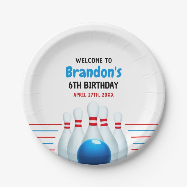 Fun Blue & Red Bowling Kids 6th Birthday Paper Plates (Front)