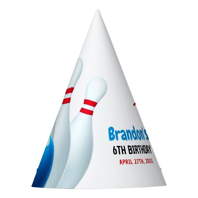 Fun Blue & Red Bowling Kids 6th Birthday Party Hat (Front)