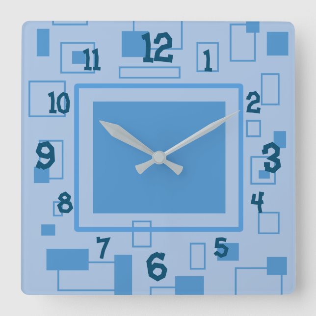 Fun Blue Retro Block Shapes Square Wall Clock (Front)
