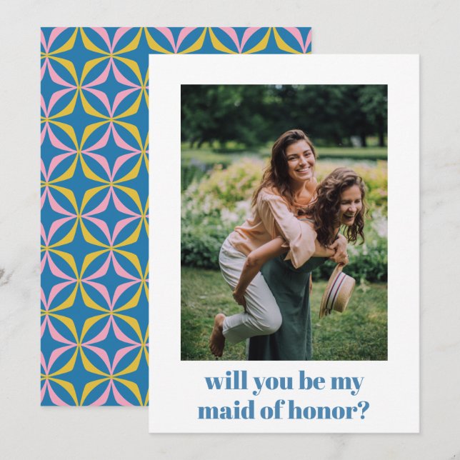 Fun Blue Retro Pattern Maid of Honor Proposal  Note Card (Front/Back)