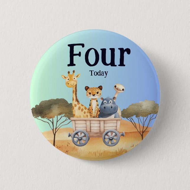 Fun Blue Safari 4th Birthday Button (Front)