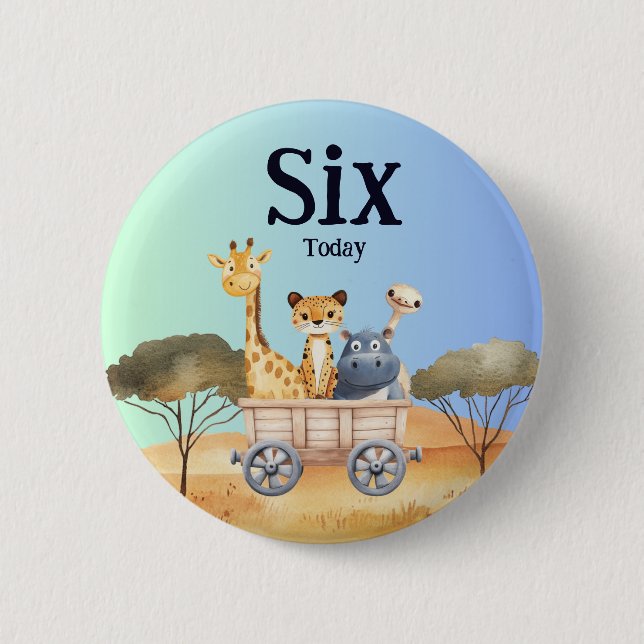 Fun Blue Safari 6th Birthday Button (Front)