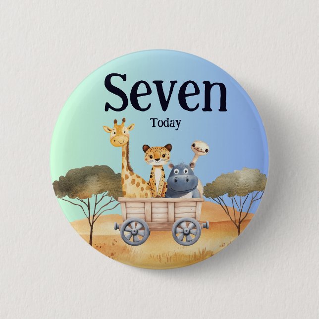 Fun Blue Safari 7th Birthday Button (Front)