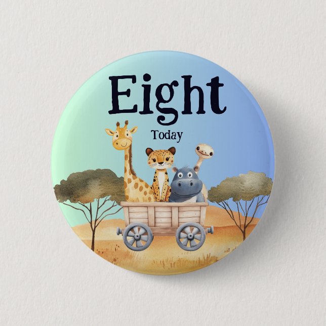 Fun Blue Safari 8th Birthday Button (Front)
