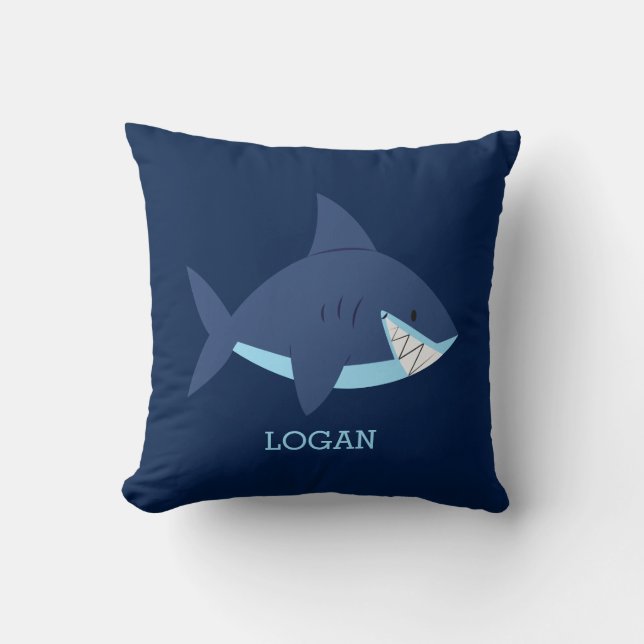 Fun Blue Shark Kids Throw Pillow (Front)