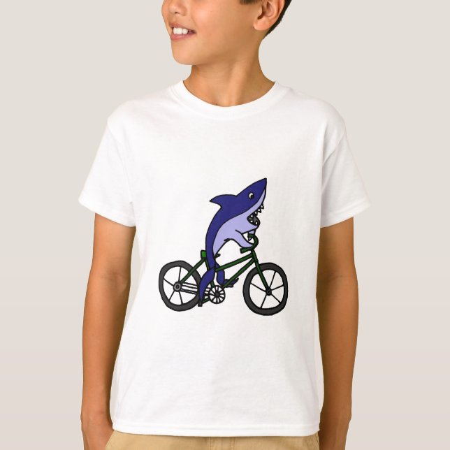 Fun Blue Shark Riding Green Bicycle T-Shirt (Front)