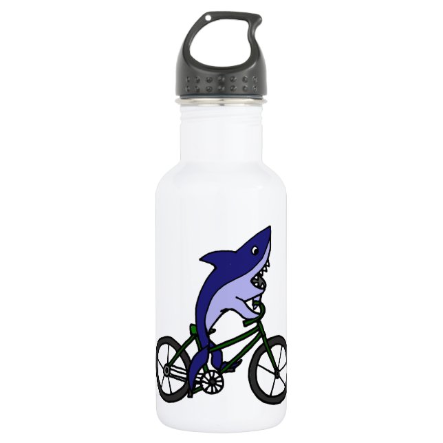 Fun Blue Shark Riding Green Bicycle Water Bottle (Front)