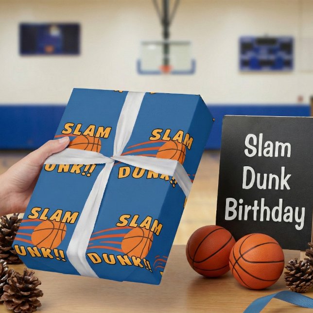 Fun Blue Slam Dunk Basketball Birthday Kids Wrapping Paper (Creator Uploaded)