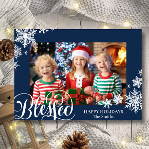 Fun Blue Snowflakes Modern Script Minimalist Photo Holiday Card