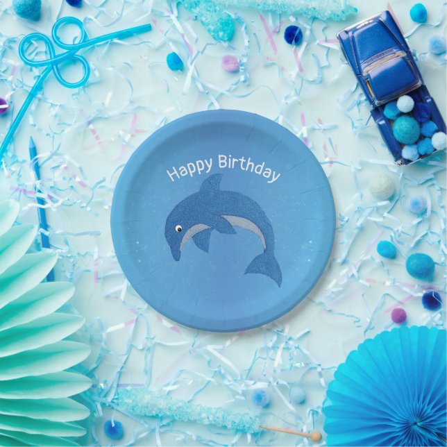 Fun Blue Sparkle Like Dolphin Jumping Birthday Paper Plates (Party)