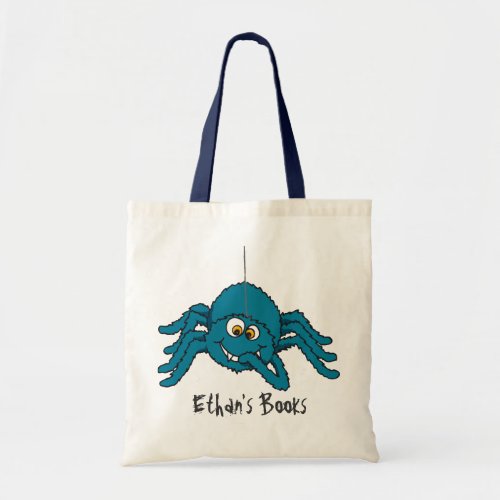 Fun blue spider kids named id library tote bag