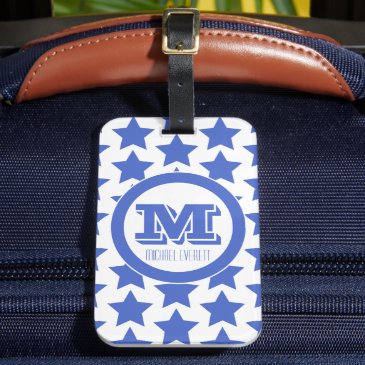 Fun Blue Stars Pattern Monogram Luggage Tag