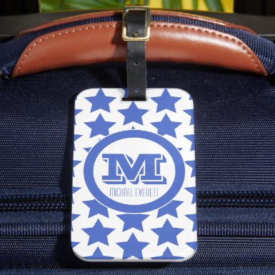 Fun Blue Stars Pattern Monogram Luggage Tag