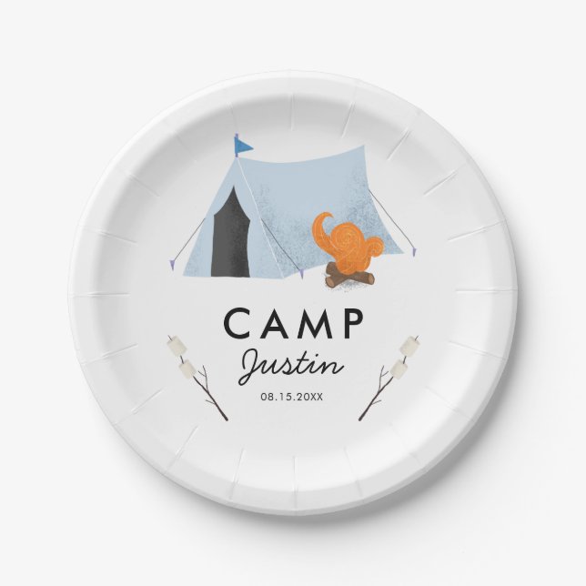 Fun Blue Tent Camping Birthday Party Paper Plates (Front)