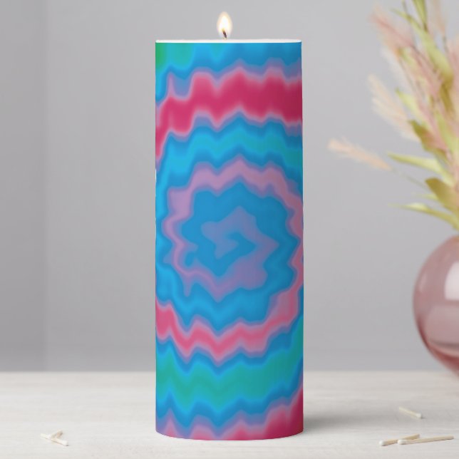 Fun blue Tie dyed groovy funky retro swirl pattern Pillar Candle (In Situ)