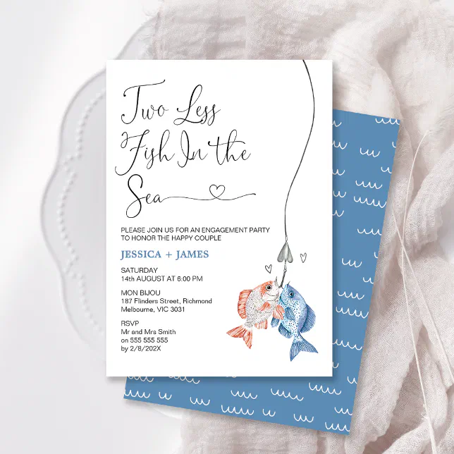 Fun Blue Invite Frame Fun Blue Two Less Fish In The Sea Engagement Invitation | Zazzle