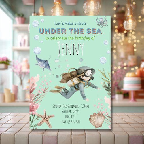 Fun Blue Under the Sea Girl's Birthday Invitation