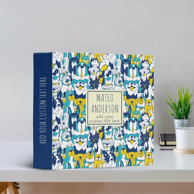 Fun Blue Yellow Dogs Pattern Personalized Name 3 Ring Binder (Creator Uploaded)