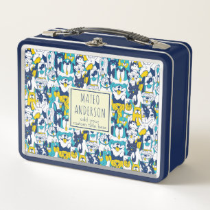 Fun Blue Yellow Dogs Pattern Personalized Name Metal Lunch Box