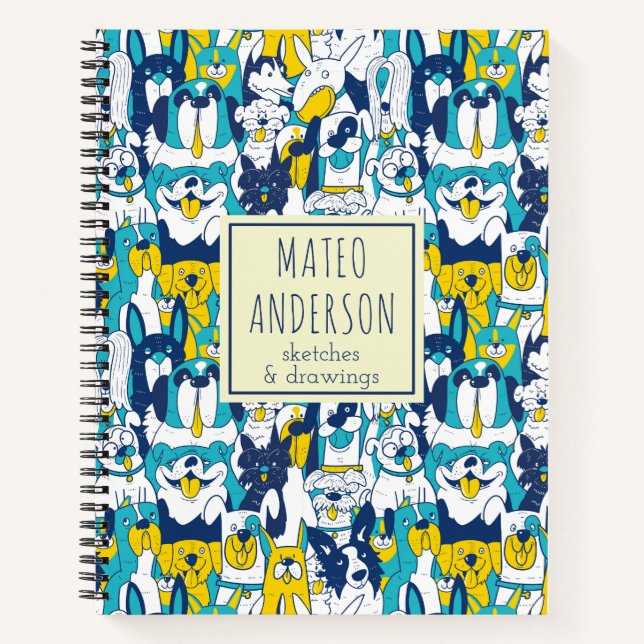 Fun Blue Yellow Dogs Pattern Personalized Name Notebook (Front)
