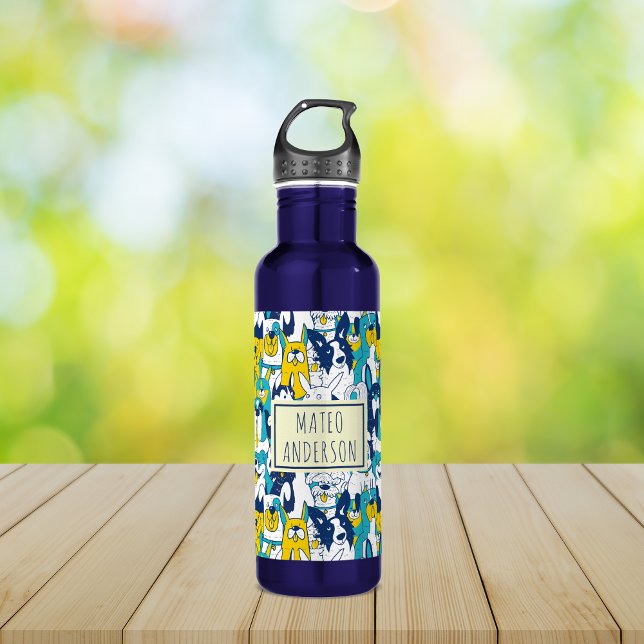 Fun Blue Yellow Dogs Pattern Personalized Name Stainless Steel Water Bottle (Creator Uploaded)