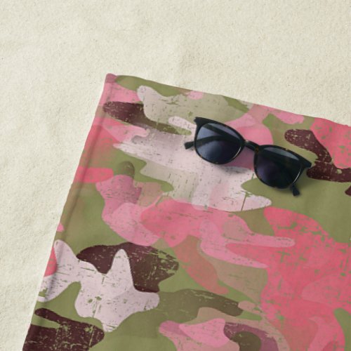 Fun Blush Pink Military Green Camouflage Pattern Beach Towel