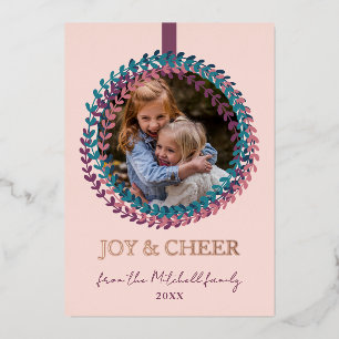 Fun Blush Pink Teal Blue Wreath Rose Gold Foil Holiday Card