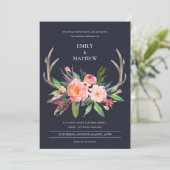 FUN BOHO NAVY BLUSH ANTLER FLORAL COUNTRY WEDDING INVITATION (Standing Front)