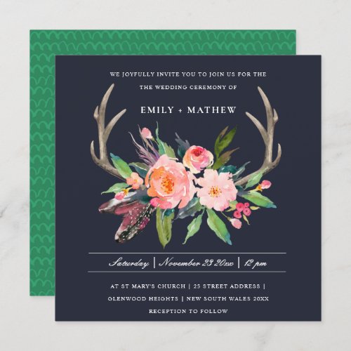 FUN BOHO NAVY BLUSH ANTLER FLORAL COUNTRY WEDDING INVITATION