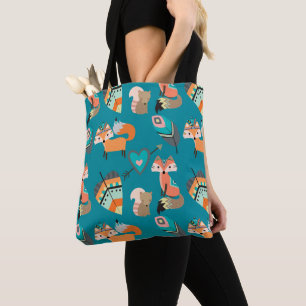 Fun Boho Tribal Foxes on Teal Pattern Tote Bag