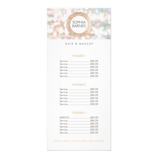 Fun Bokeh and Rose Gold Salon Price List Menu 2 (Front)