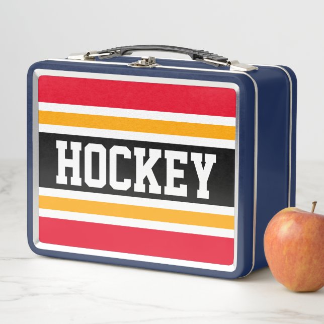 Fun Bold Black Bright Red Orange HOCKEY Stripes Metal Lunch Box (In Situ)