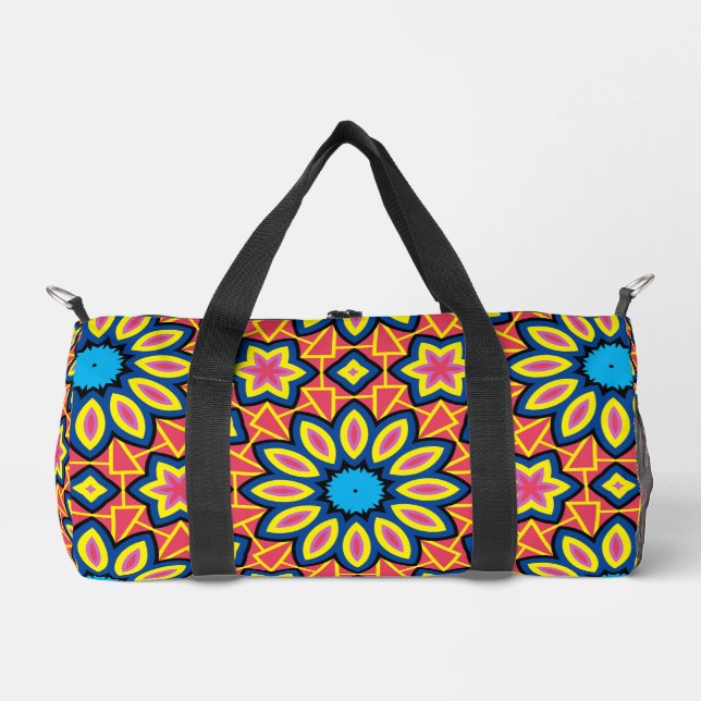Fun Bold Colorful Geometric Retro Flower Pattern Duffle Bag (Front)