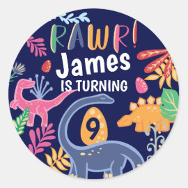 Fun, Bold & Colourful Dinosaur Jungle Leaves Classic Round Sticker