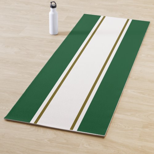 Fun Bold Green White Golden Olive Racing Stripes Yoga Mat
