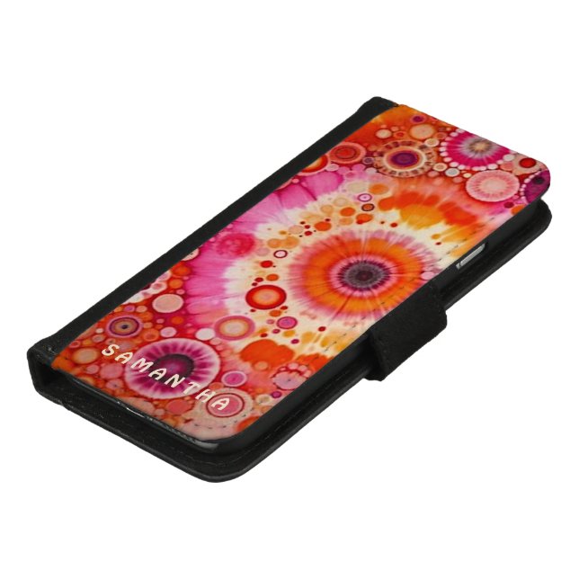 Fun Bold Orange Hot Pink Batik Circles Art Pattern iPhone Wallet Case (Bottom)