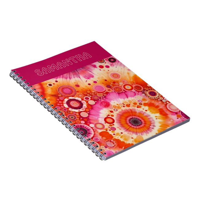 Fun Bold Orange Hot Pink Batik Circles Art Pattern Notebook (Right Side)