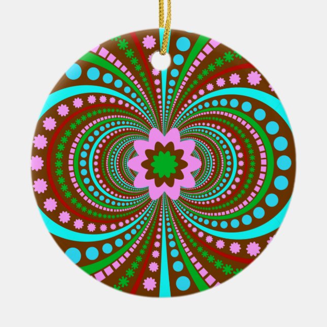 Fun Bold Pattern Brown Pink Teal Crazy Design Ceramic Ornament (Front)