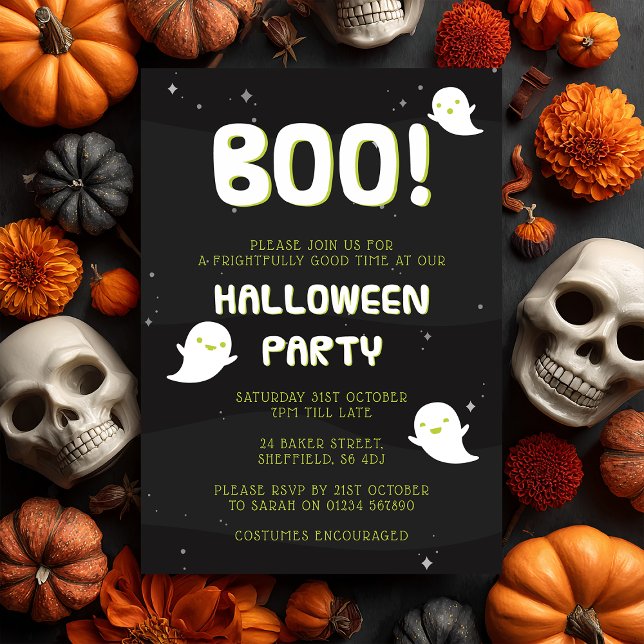 Fun "BOO!" Halloween Party Invitation with Ghosts (Boo! 👻 Join us for a frightfully fun Halloween party with this ghostly invitation.)